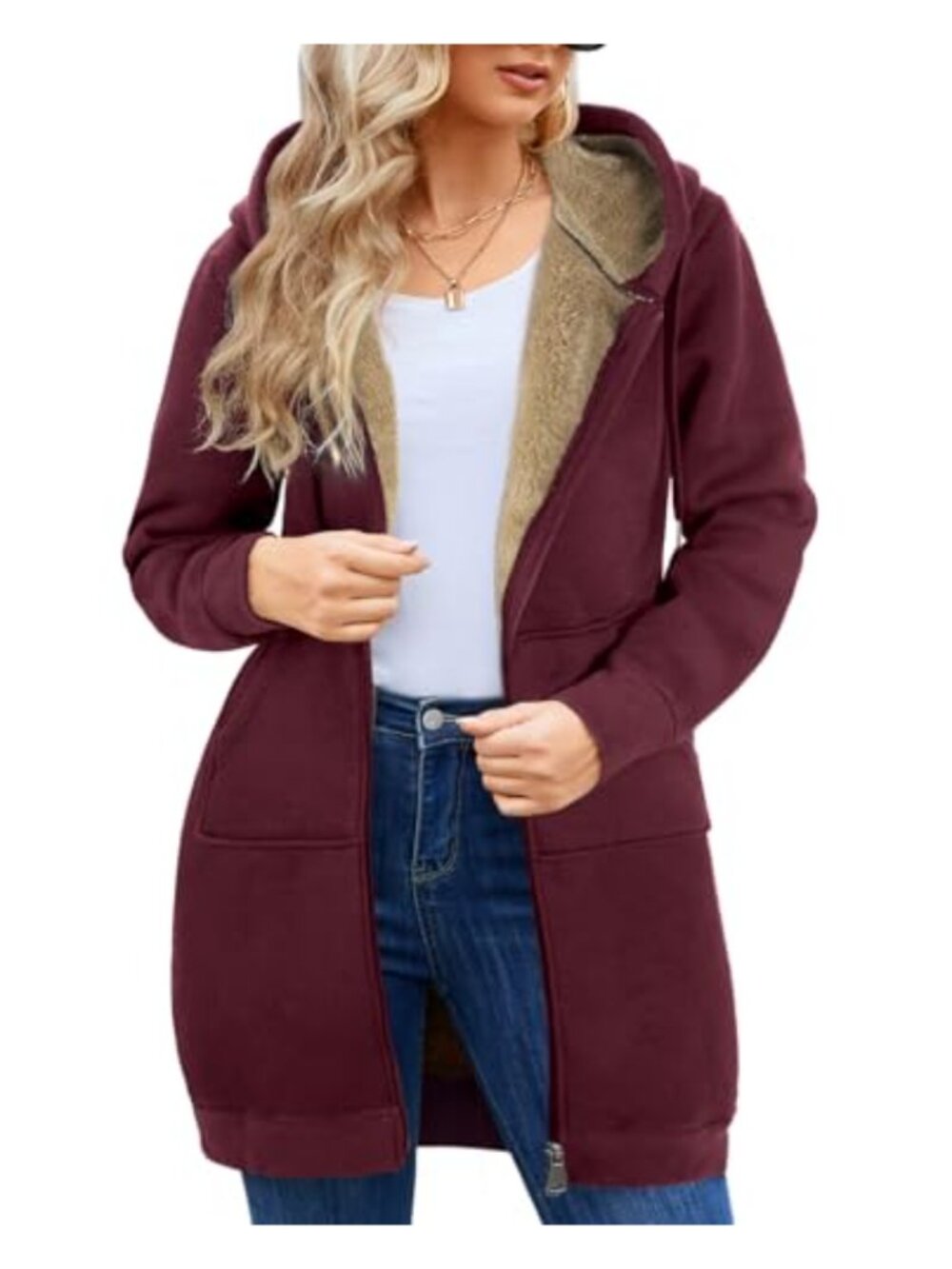Women's Plus Size Long Fleece Hoodie Warm Zip Up Casual Soft